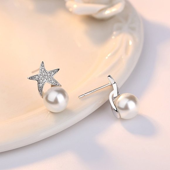 925 Sterling Silver Starfish Pearl Crystal Zircon Earrings for Woman, K250 - Picture 5 of 5